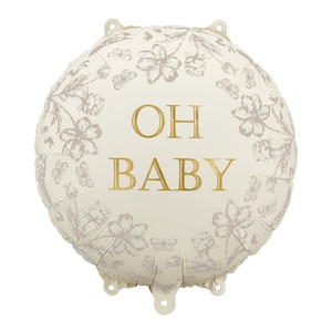 Puede incluir: Globo redondo color crema con la frase dorada "OH BABY". El globo est&aacute; decorado con un patr&oacute;n floral y de mariposas en gris apagado, ideal para un baby shower o una fiesta de revelaci&oacute;n de g&eacute;nero.