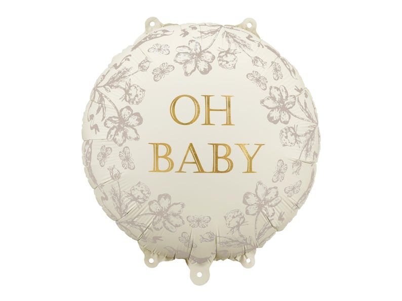 Puede incluir: Globo redondo color crema con la frase dorada "OH BABY". El globo est&aacute; decorado con un patr&oacute;n floral y de mariposas en gris apagado, ideal para un baby shower o una fiesta de revelaci&oacute;n de g&eacute;nero.
