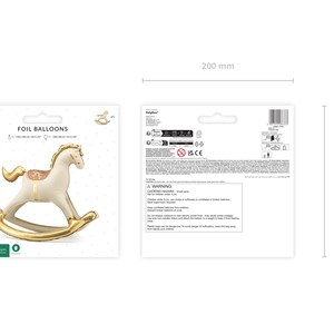 PartyDeco rocking horse foil balloon packaging – gold and cream inflatable baby shower decoration, 45.5 x 41.5 inch balloon, front and back view with size Dimensions before inflation approx. 118 cm x 104 cm (46.5 x 41''), dimensions after inflation approx. 106 x 86 cm (41.5 x 34'').
