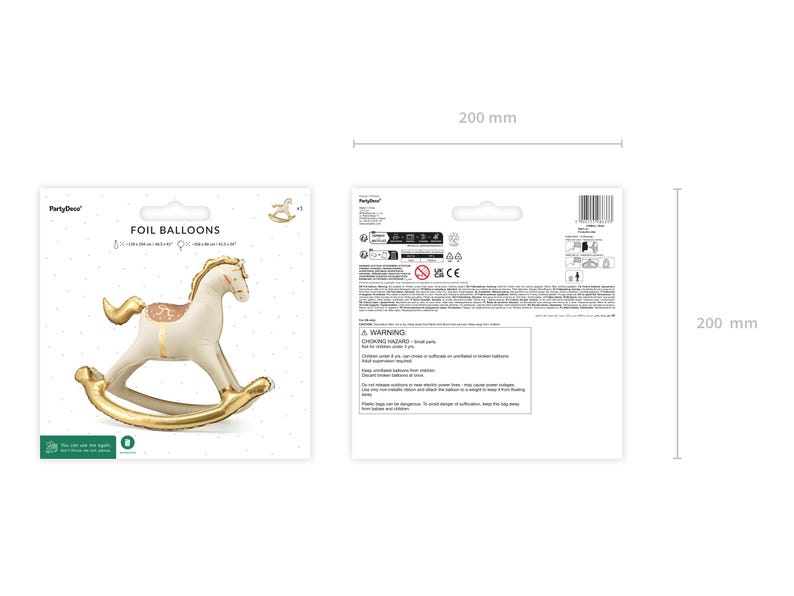 PartyDeco rocking horse foil balloon packaging – gold and cream inflatable baby shower decoration, 45.5 x 41.5 inch balloon, front and back view with size Dimensions before inflation approx. 118 cm x 104 cm (46.5 x 41''), dimensions after inflation approx. 106 x 86 cm (41.5 x 34'').