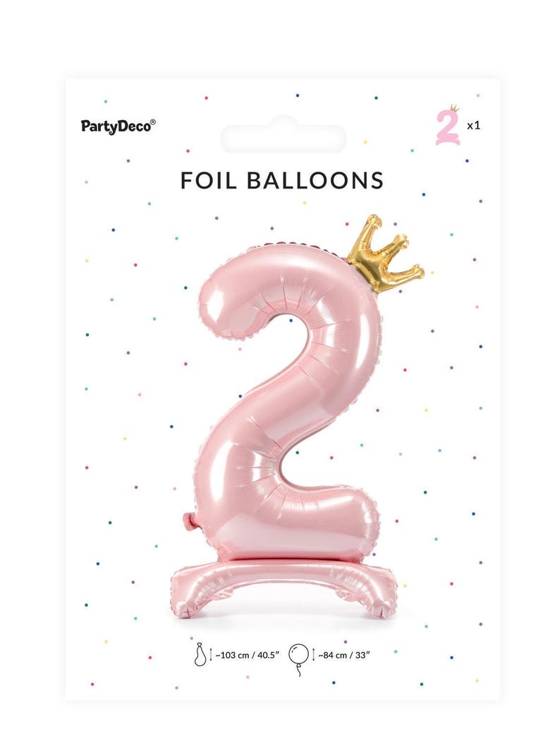 May include: Two pink foil balloons shaped like the number 2 with a gold crown on top. The balloons are 40.5 inches tall and 33 inches wide.