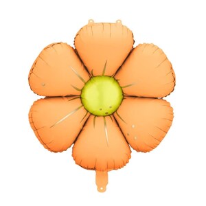 May include: Orange flower-shaped balloon with a yellow-green center. The balloon has six petals and a small tab at the bottom. The petals have subtle gold lines and small white dots. Perfect for a party or celebration.