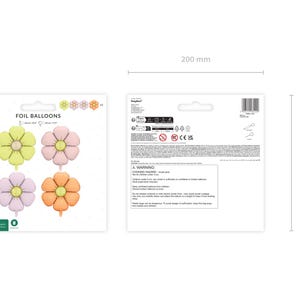 May include: A package of foil balloons shaped like flowers, each approximately 7.9 inches in diameter. The balloons are in pastel colors: yellow-green, pink, lavender, and orange. The package is 7.9 inches by 7.9 inches.
