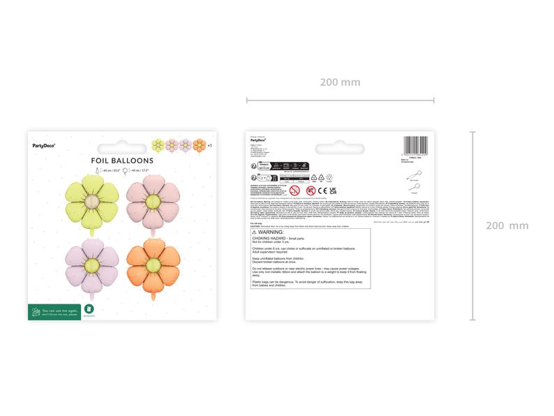 May include: A package of foil balloons shaped like flowers, each approximately 7.9 inches in diameter. The balloons are in pastel colors: yellow-green, pink, lavender, and orange. The package is 7.9 inches by 7.9 inches.