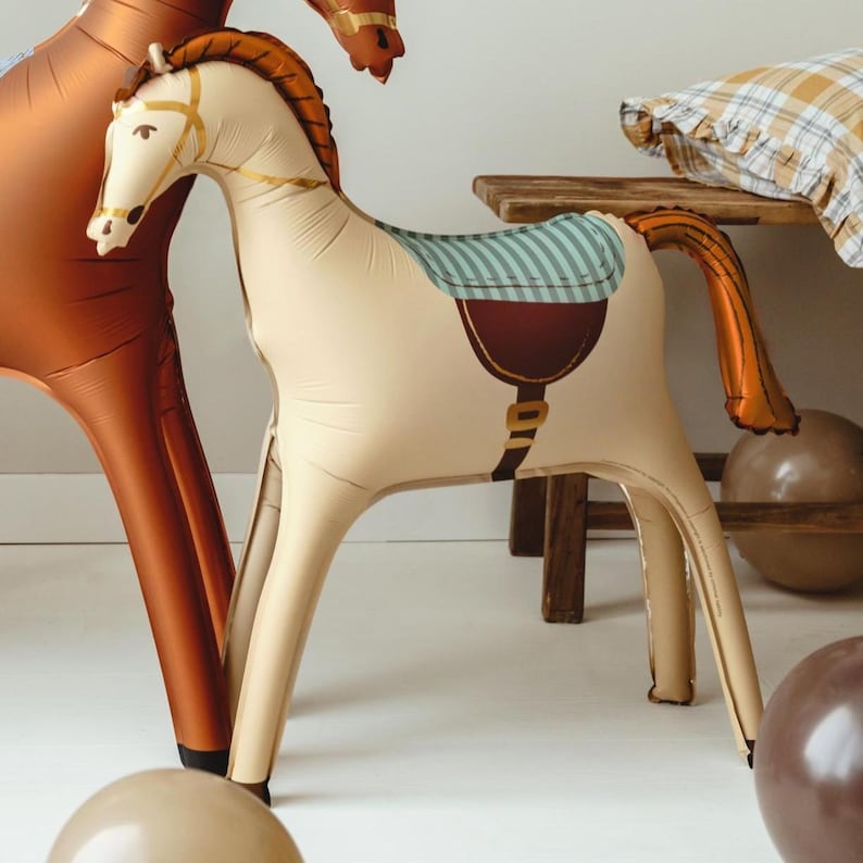Standing horse-shaped foil balloon with saddle and reins – large animal balloon for birthday party, farm theme, or cowboy western decor