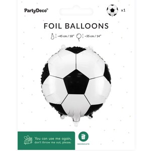 May include: A white and black foil balloon in the shape of a soccer ball. The packaging reads "FOIL BALLOONS" and includes the measurements of the balloon at approximately 18 inches and 14 inches. The package also includes the text "You can use me again, don't throw me out, please."