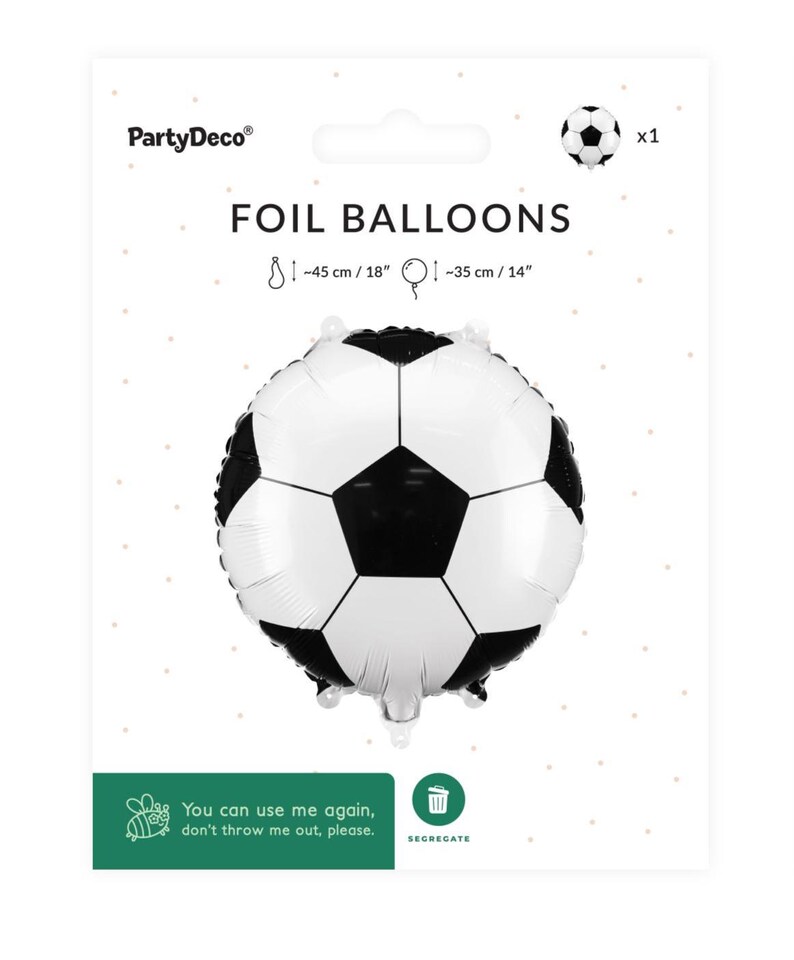 May include: A white and black foil balloon in the shape of a soccer ball. The packaging reads "FOIL BALLOONS" and includes the measurements of the balloon at approximately 18 inches and 14 inches. The package also includes the text "You can use me again, don't throw me out, please."