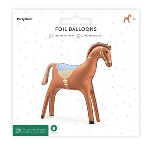 Front packaging of brown horse foil balloon showing product design and included decoration