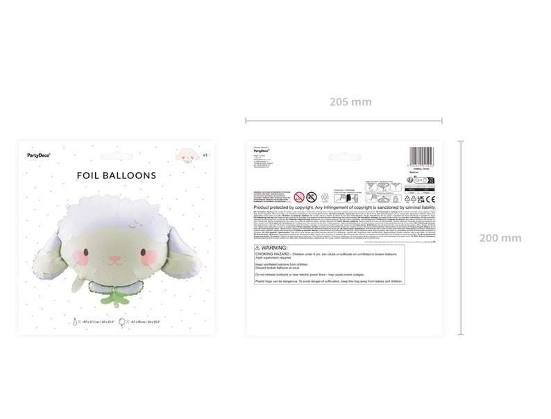 PartyDeco sheep foil balloon in original packaging, package size approx. 205 x 200 mm, air or helium balloon with straw included