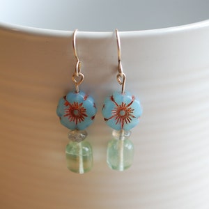 Boho Czech glass Flower Pot design - Dangle Earrings - Delicate and pretty. Hanbery Design.