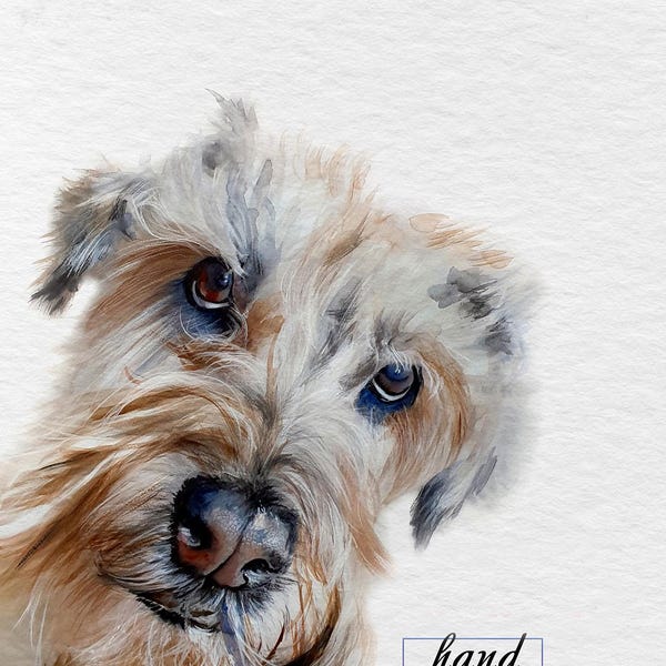 May include: A watercolor painting of a scruffy dog with tan and brown fur, dark eyes, and a black nose, looking upward. The artwork features a textured white background and includes the text hand painted in a small rectangular frame at the bottom.