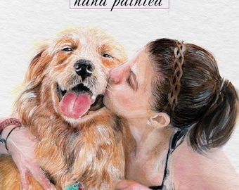 Custom watercolor pet portrait, hand painted portrait from photo, family portrait with pet, custom dog portrait, handmade painting