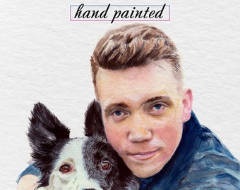 Custom Watercolor Pet and Person Portrait, Hand-Painted