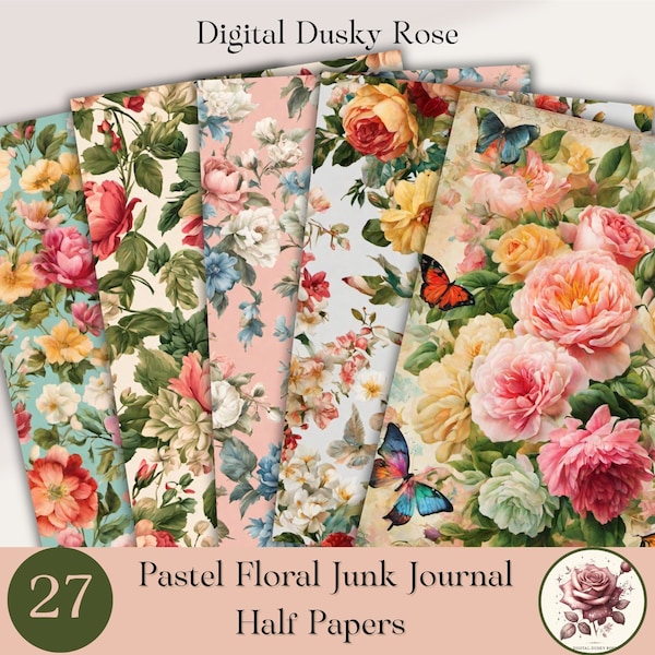 Pastel Flowers Digital Paper Pack - 27 Printable Shabby Chic & Vintage Ephemera Designs, Junk Journals, Scrapbooking Layout