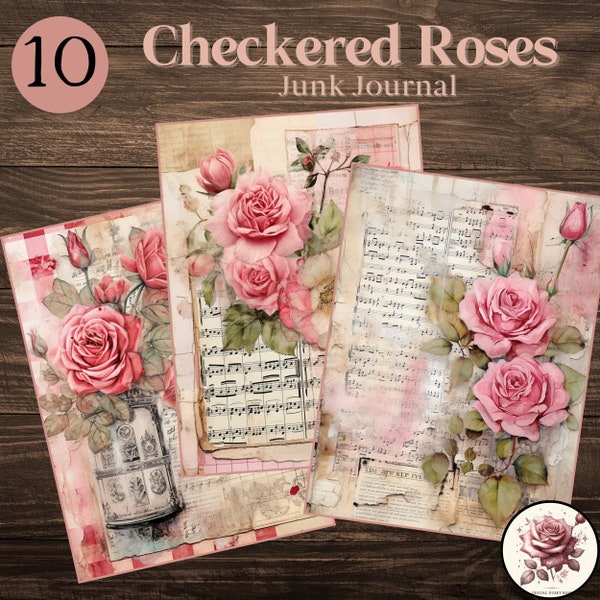 Vintage Junk Journal Pages Ephemera Pink Roses  - 10 Checkered & Musical Note Sheets