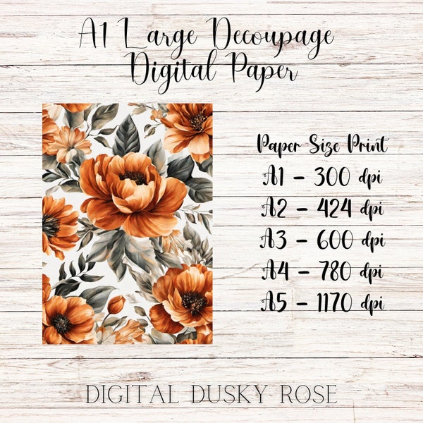 Decoupage for Furniture, Burnt Orange Blooming Flowers, A1 Large Paper, JPG, Collage Sheet, Junk Journal Pages, Printable Paper