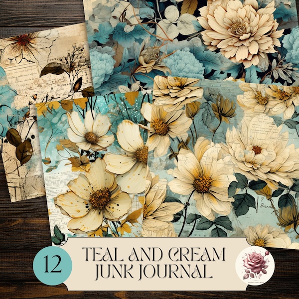 Teal and Cream Floral Junk Journal Pages, Printable Wallpaper, Digi Kit Scrapbook, Memory Keepsakes