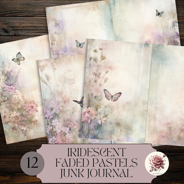 Iridescent Faded Pastels Junk Journal Pages, Vintage Spring Watercolor, Printable, Digi Kit Scrapbook, Butterflies, Flowers