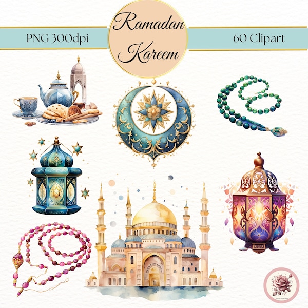 Ramadan Kareem Clipart, Watercolor Elements, Crescent Moon and Stars, Lanterns, Mosque, Islamic Geometric Patterns, Prayer Beads, Iftar