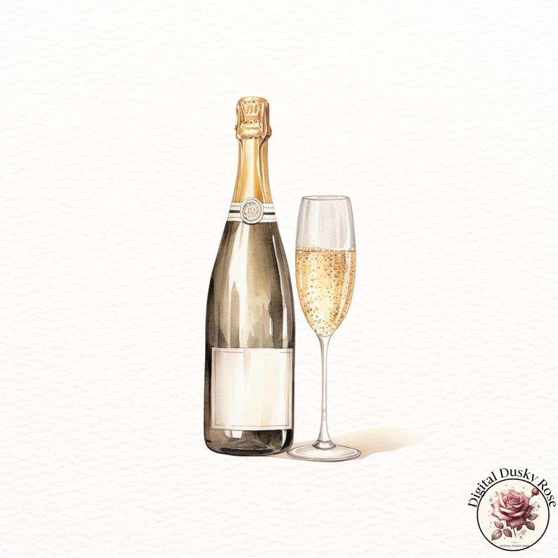 Watercolor Champagne Clipart Bottle and Glasses With Blush Bubbles and