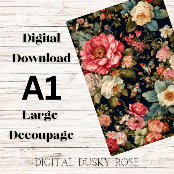 Blooming Flowers Decoupage Paper - A1 Dark Background for Furniture - Printable Decorative Paper