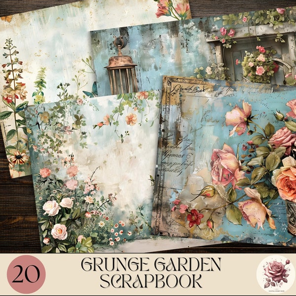 Whimsical Garden Chronicles: 20 Rustic Grunge Garden Junk Journal Pages, Gardening Diary, Flowers and Butterflies, Scrapbooking Layout