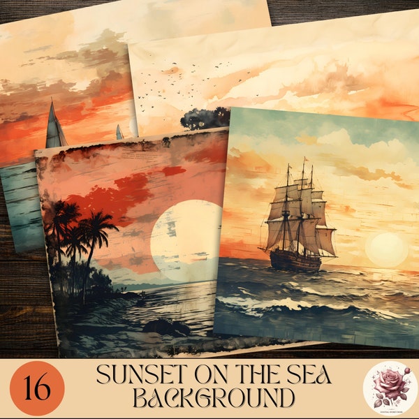 Sunset and Seascape Digital Papers, Boat and Sunset over the Sea, Palm trees, Exotic Beach Landscape