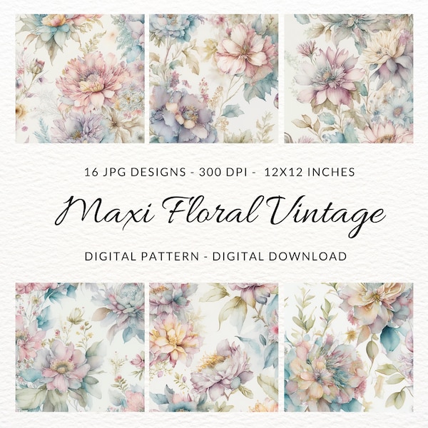 Maxi Floral Vintage Digital Paper JPG, Decoupage Page, Junk Journal Bundle, Scrapbooking, Watercolor Antique