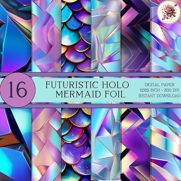 Futuristic Holo Mermaid Foil Digital Paper, Seamless Pattern, Blue, Purple and Silver Shades, Abstract Shapes, Reflecting Background