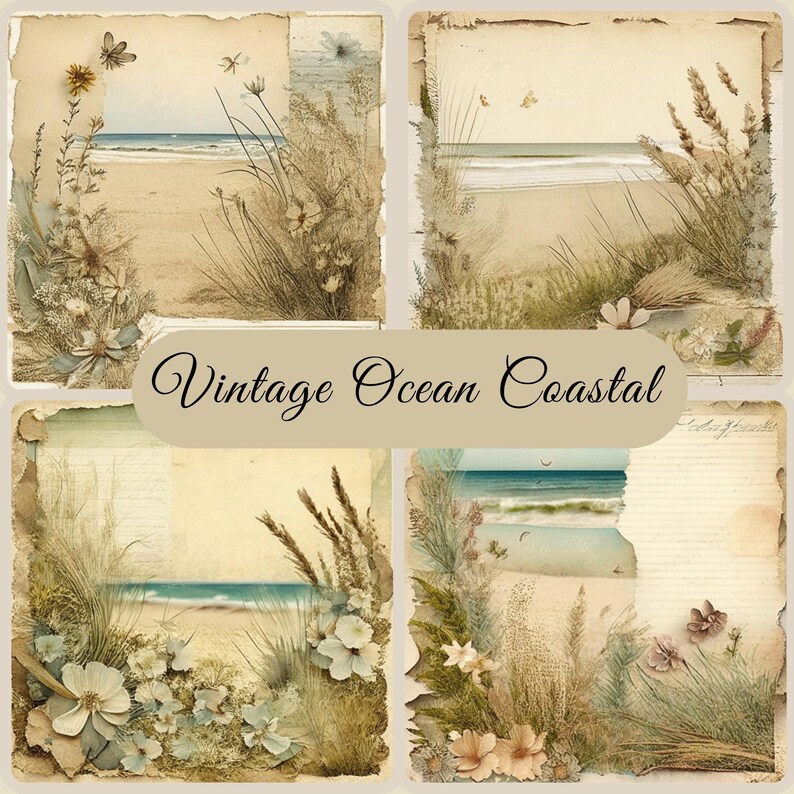 Ocean Theme Decoupage Pages Bundle, Coastal Design, Blue Waves, Beige