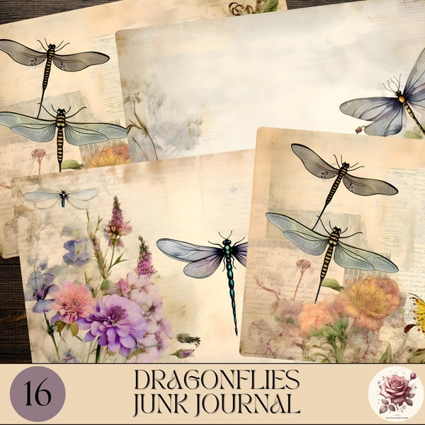 Dragonflies Junk Journal Kit, Whimsical Wings, Dragonfly Watercolor, Scrapbooking, Junk Journaling, Simple Floral Background
