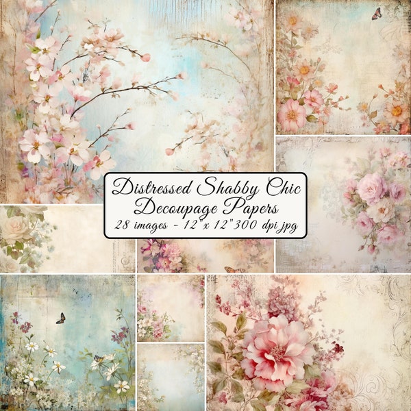 Distressed Shabby Chic Decoupage, Digital Papers, Flowers Border Decor, Junk Journal Kit, Printable Scrapbook, Tags, Labels, Envelope