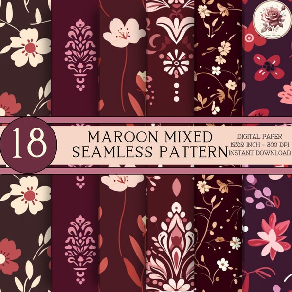 Maroon Digital Paper, Mixed Seamless Pattern, Aesthetic Design, Autumn Burgundy Tones, Floral and Geometric Motifs