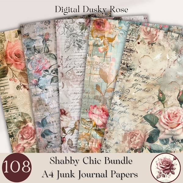 108 Shabby Chic Digital Papers, Vintage Blossoms, Rustic Charm, Cottagecore Junk Journal, A4 Paper Size, Distressed Antique Design