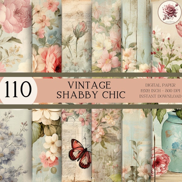 110+ Shabby Chic Digitales Papier Set - Vintage Bauernhaus & Floral Decoupage Set - Florale Decoupage