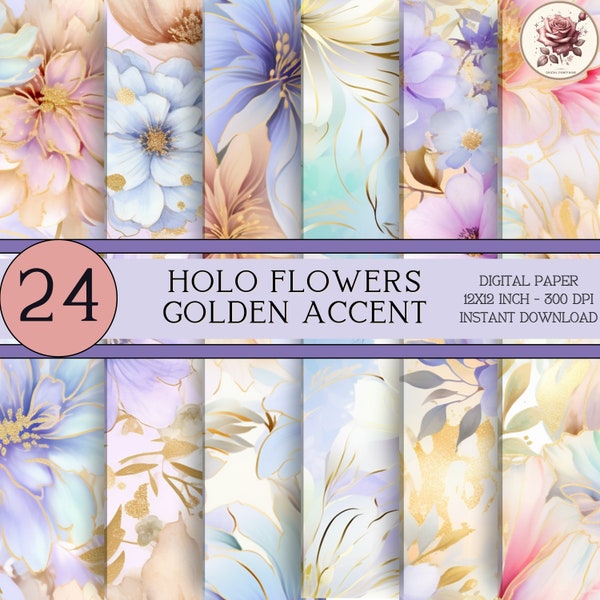 Holographic Floral Digital Paper, Seamless Pattern, Lilac, Teal and Golden Shades, Holo Flowers, Shimmering Background