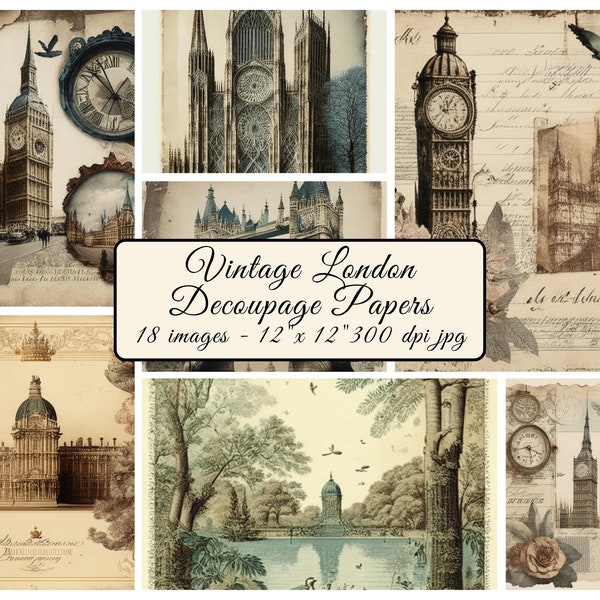 Vintage London Decoupage Paper - Digital Scrapbook Sheets for Junk Journal, Collage - Instant Download