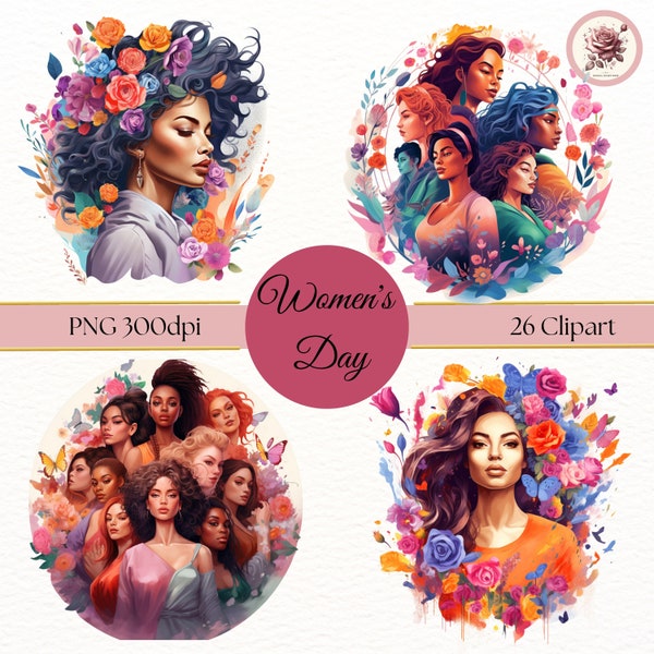 Empowering Woman's Day Clipart, Joyful Clipart, Femininity, Strength, Unity, Vibrant Colors, Diverse Culture Women Portraits