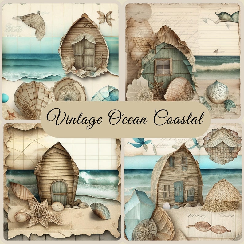 Ocean Theme Decoupage Pages Bundle, Coastal Design, Blue Waves, Beige