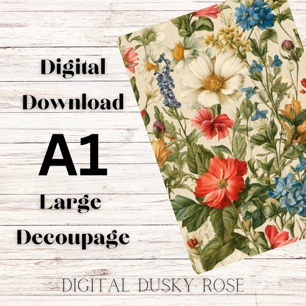 Wildblumen Vintage Bouquet Digital Decoupage – A1 großes Papier für Möbel – bedruckbares Papier