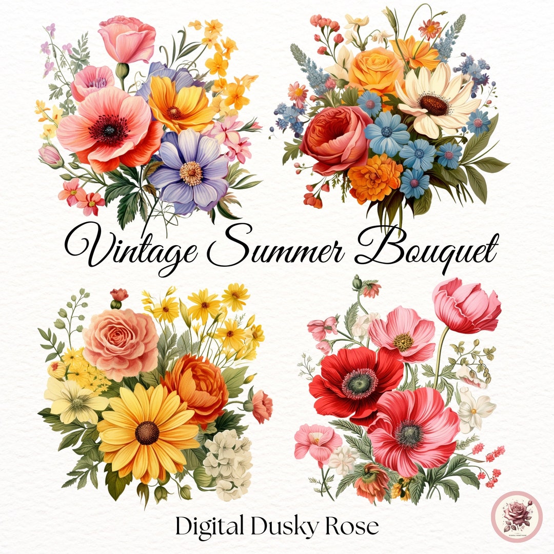 Summer Bouquet Clipart Set Vibrant Vintage Wild Flowers PNG, Vector