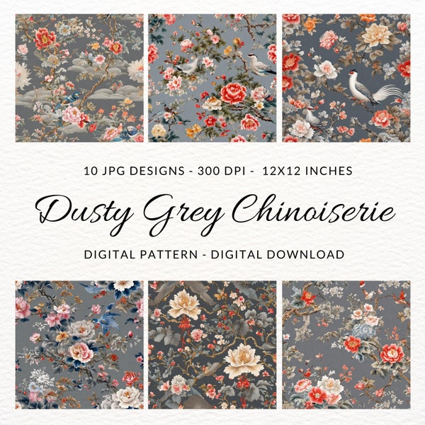 Dusty Grey Chinoiserie Digital Pattern JPG, 10 Designs, Floral Chinoiserie Bundle, Asian Digital Paper, Oriental, DIY, Toile de Jouy Paper