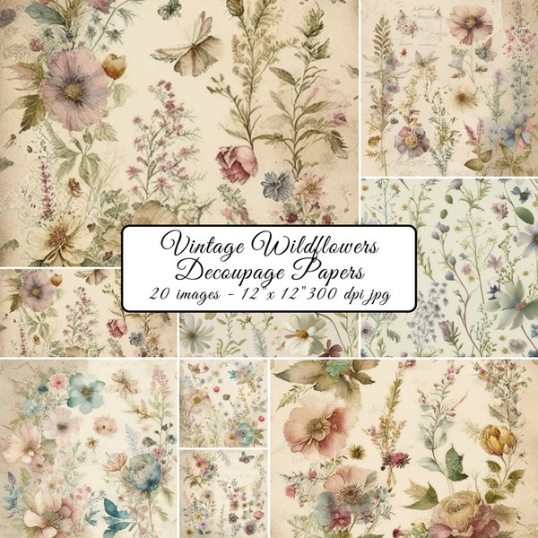 Vintage Wildflowers Digital Decoupage Papers - Scrapbook Paper - Decorative Paper - Junk Journal Pages - Tags included