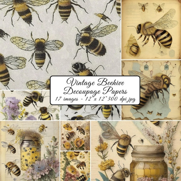 Beehive & Bumble Bee Vintage Decoupage Papers - 17 Digital Honeybee Designs - Tags, Pockets and labels included - digital papers