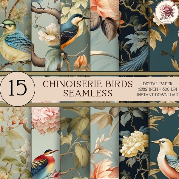Birds Chinoiserie Digital Paper Bundle - Oriental Floral Pattern, Botanical Asian Design, Seamless Pattern