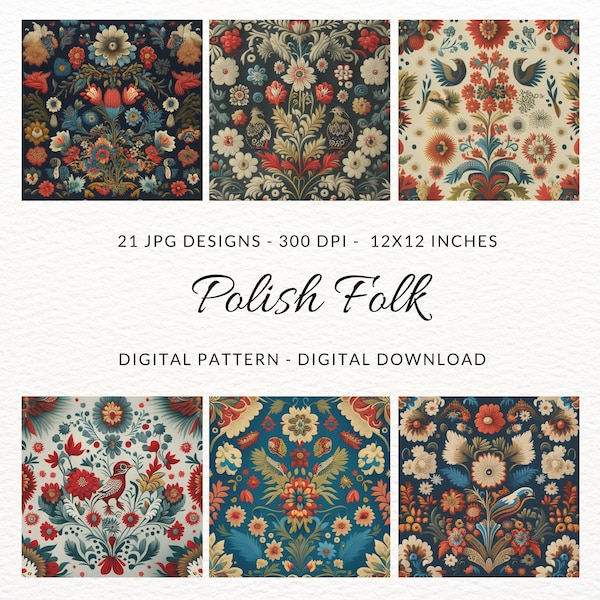 Polish Folk Digital Pattern JPG, Decoupage Page, Junk Journal Bundle, Digital Journal, Seamless Pattern, Floral, Abstract, Birds