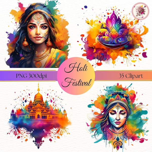 Holi Festival Clipart, Aquarell Spritzer, Explosive Farben, lebendige Clipart, traditionelle indische Muster, fröhliche Clipart
