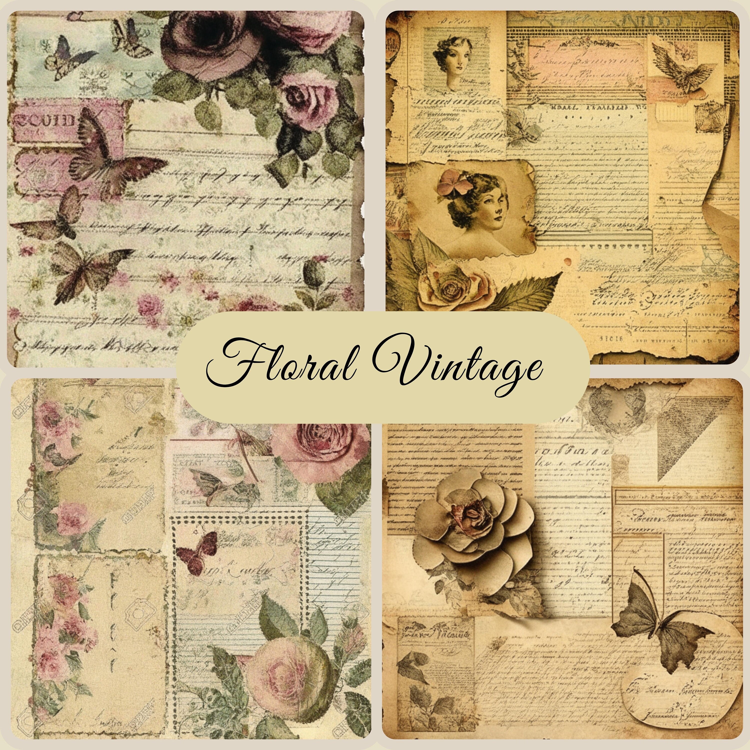 Papel de decoupage vintage floral, descarga digital JPG, etiquetas