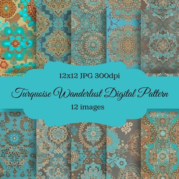 Turquoise Wanderlust Bundle - Digital Seamless Pattern Papers Merchandise Junk Journal Set Eclectic Design Boho