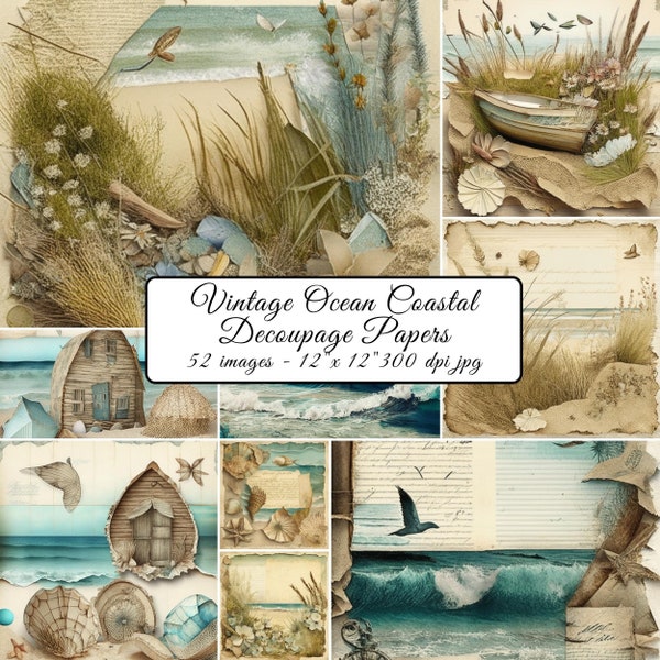 Ocean Theme Decoupage Pages Bundle, Coastal Design, Blue Waves, Beige Sand, Maritime Elements, Boat, Net, Seashells, Tags included